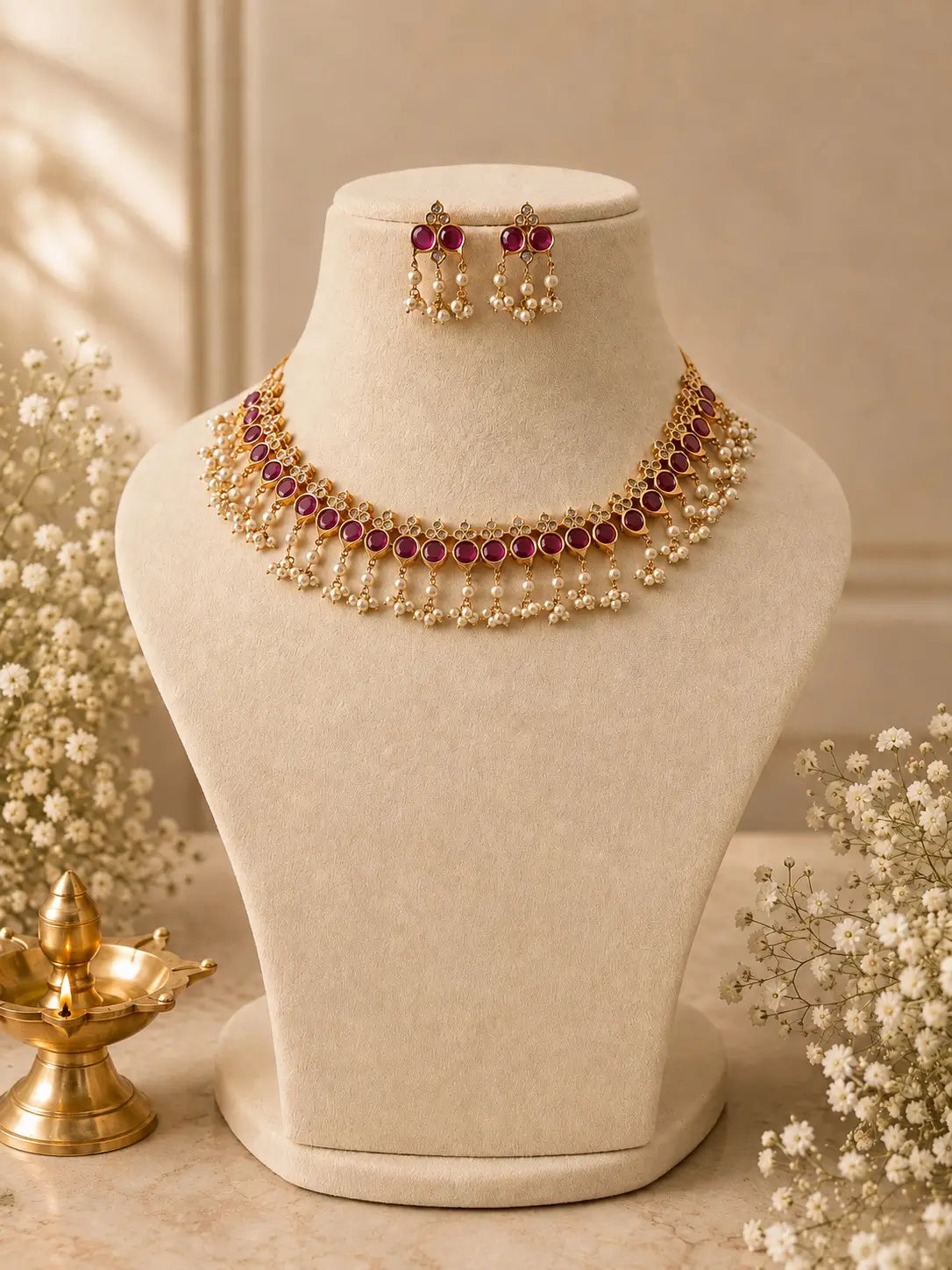 Nila Ruby Pearl Necklace Set