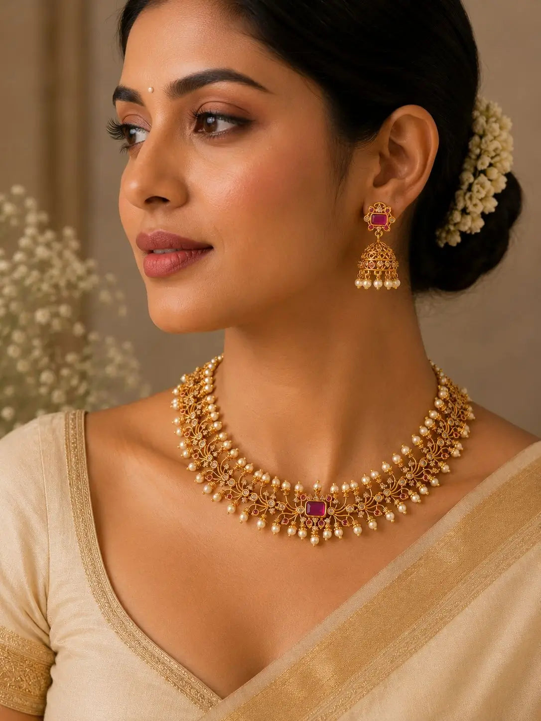Padmika Ruby Pearl Necklace Set