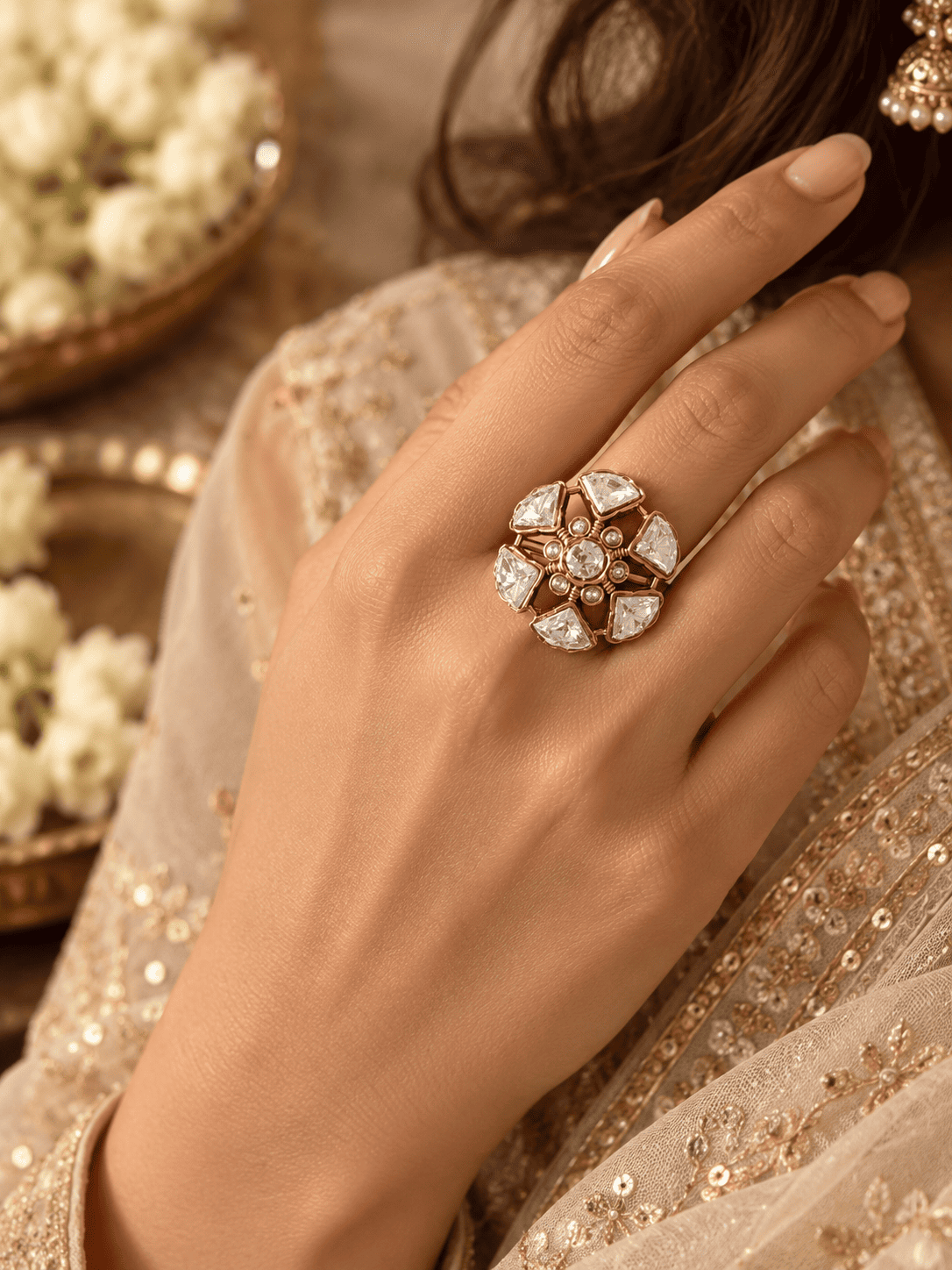 Floral Polki Blossom Adjustable Ring