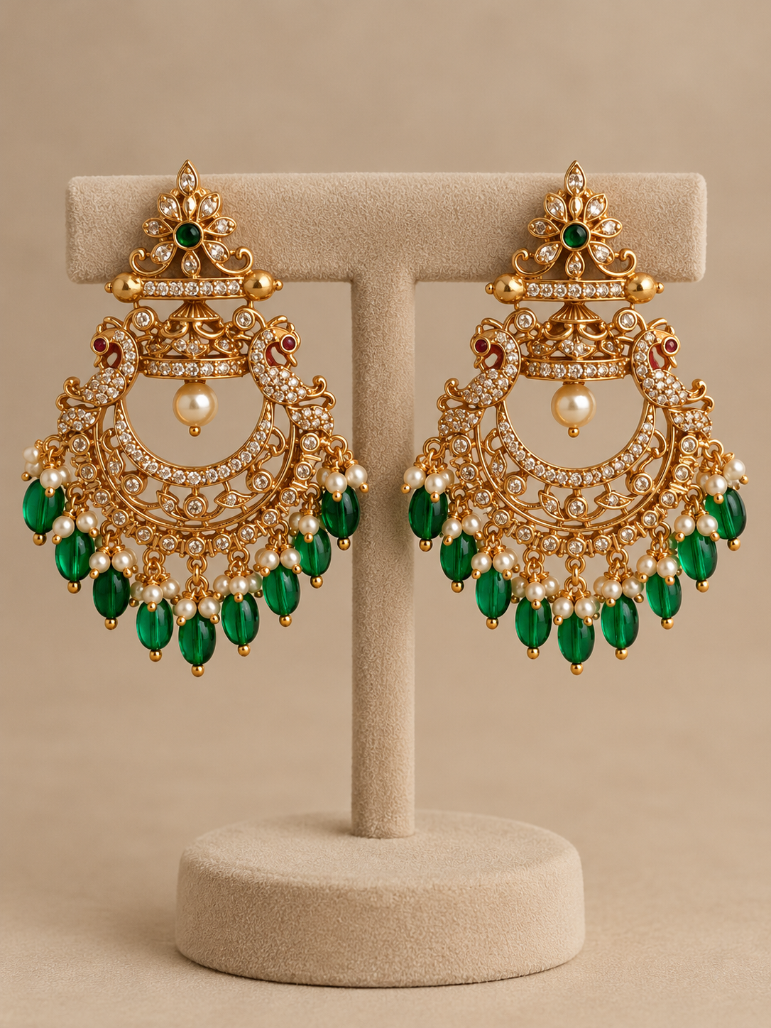 Mitali Green Beaded AD Chandbali Earrings
