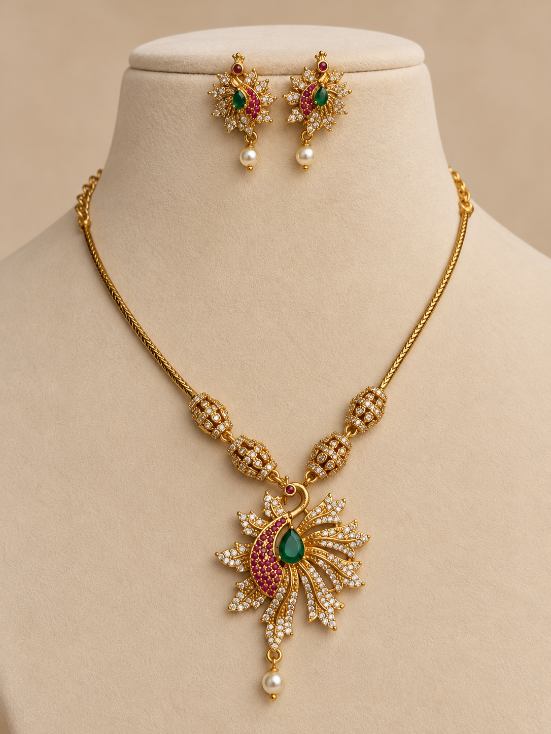 Sridevi AD Peacock Motif Necklace Set
