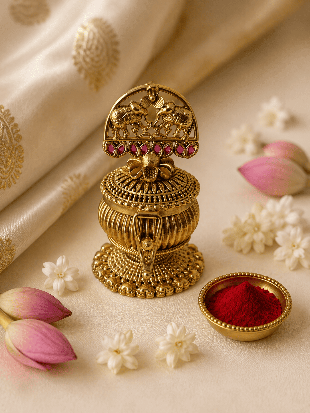 Twin Elephant Motif Kumkum Box